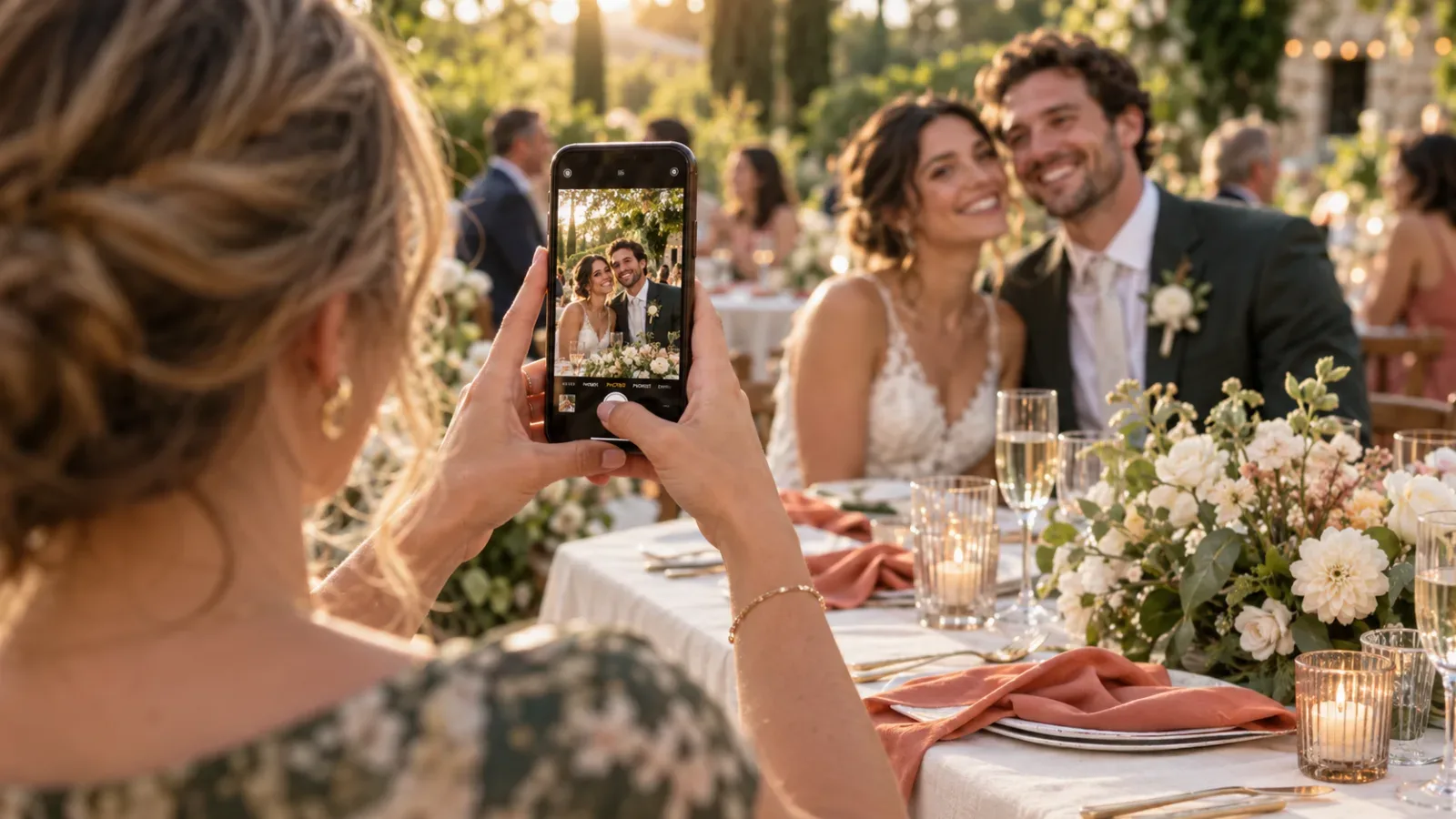 A wedding guest photographing a smiling newlywed couple with a smartphone at a garden reception.