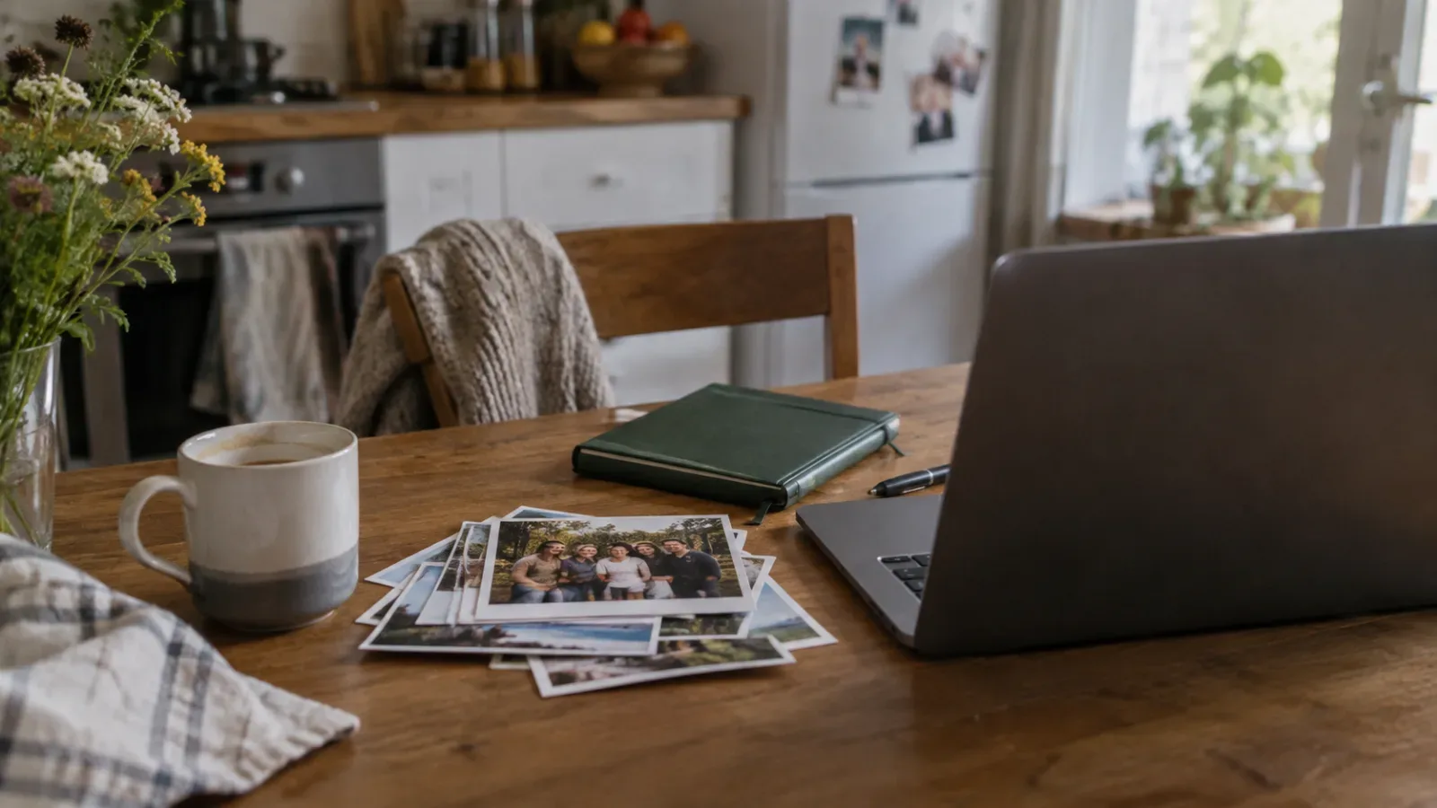 Printed event photos, a notebook and a laptop on a kitchen table.