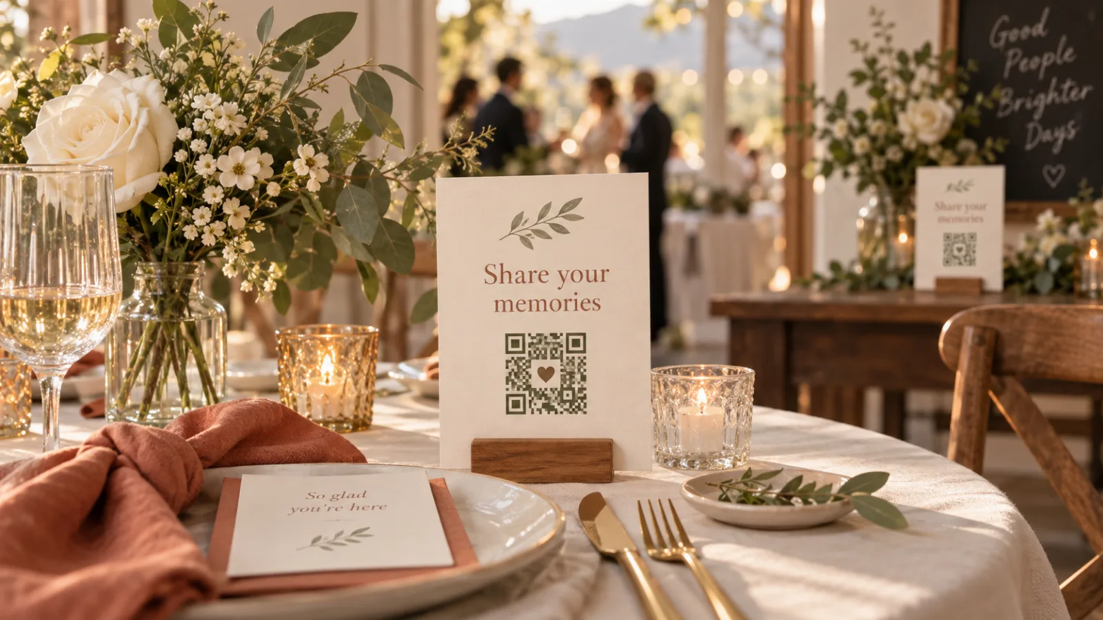 A photo-sharing QR card displayed beside a wedding reception place setting with flowers and warm coral accents.