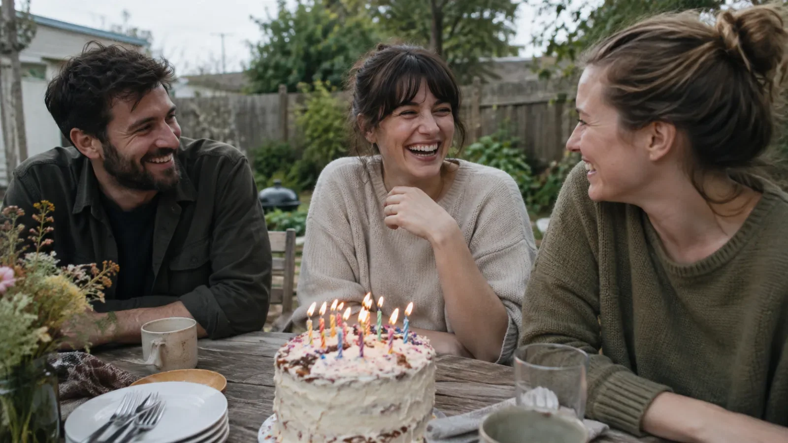 Friends laughing around a birthday cake at a backyard celebration.