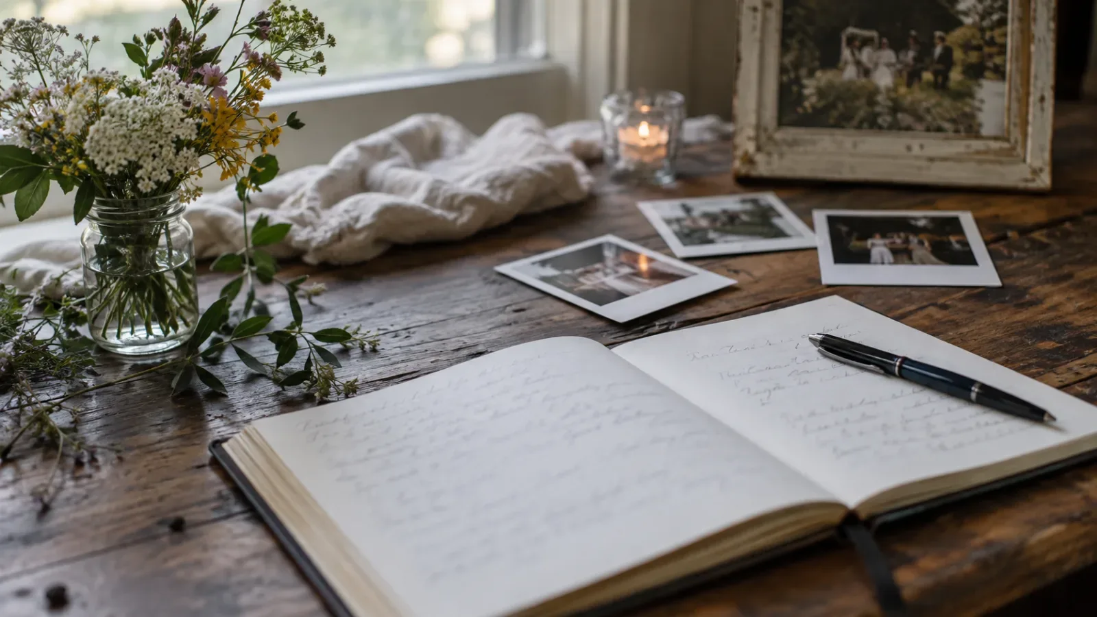 A wedding guestbook, pen and printed photographs on a wooden table.